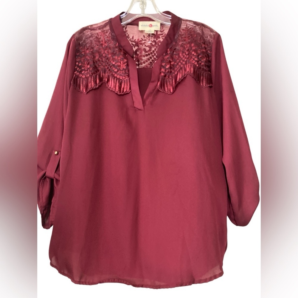 Wishful Park Red wine colored  Blouse with Ruffled lace Mandarin Collar